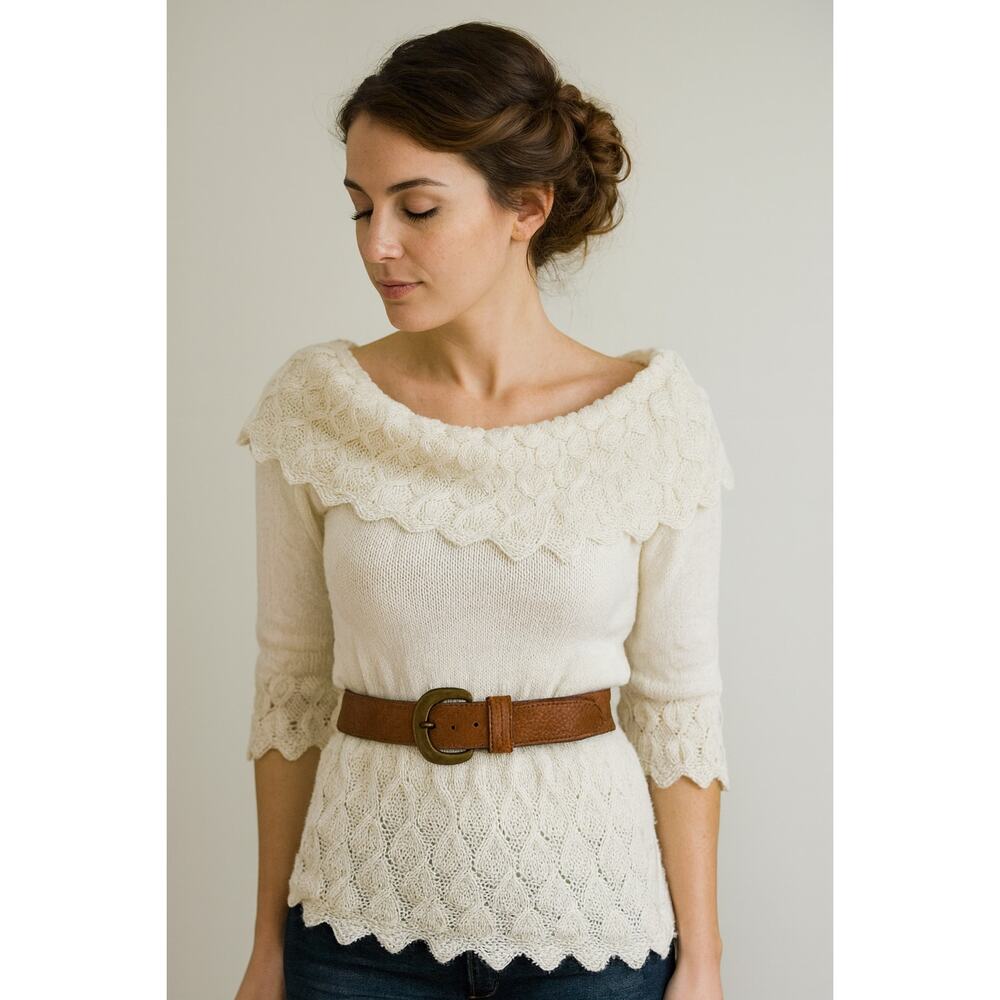 Vintage J.R. Rappers Ivory Crochet‎ Sweater oversized scalloped collar size M